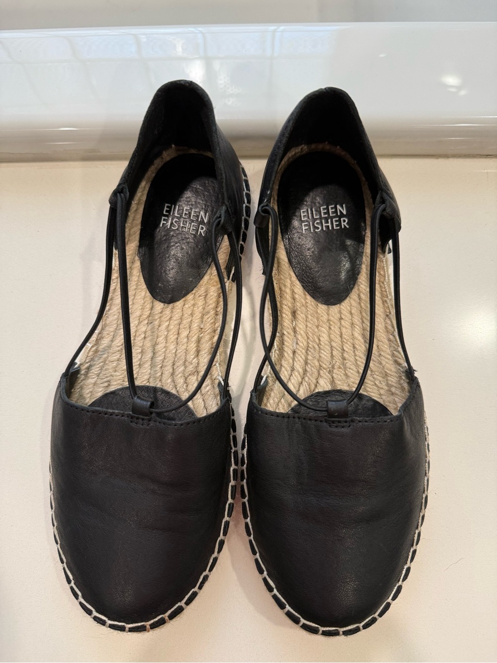 Eileen Fisher Black Leather Espadrille Flats with Elastic Ankle Strap